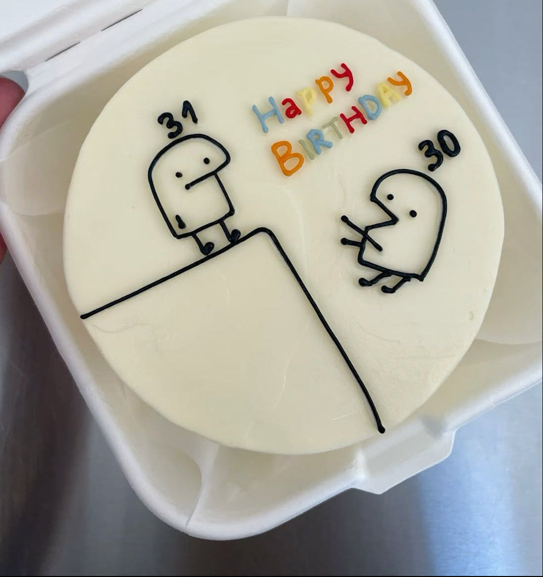 Cream bento cake with a piped calendar and a pink ribbon bow